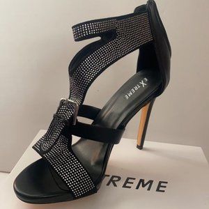 NEW Ladies Black Faux Leather Buckle Detail Rhinestone Embellished Heels 14 & 15